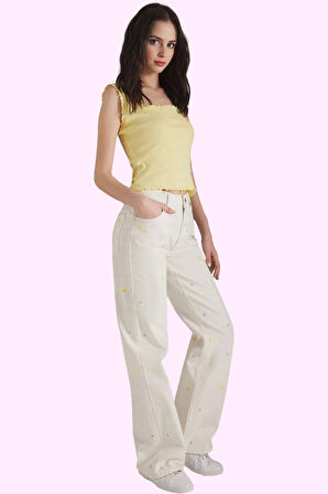 Kadın Pamuk Denim Wide Leg Pantolon Nakışlı Desen Günlük Kullanım Yaz Aylarının Vazgeçilmezi