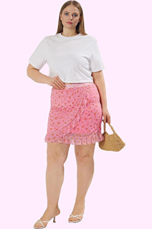 Büyük Beden Kadın Çiçekli Mini Etek Mesh Kumaş Günlük Stil Hafta Sonu Yaz Aylarının Vazgeçilmezi