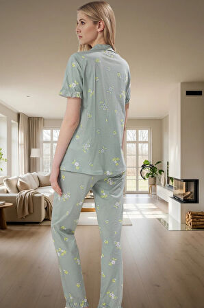 Ev Giyim Seti %100 Pamuklu Çiçekli Pijama Takımı Regular Kalıp Kaliteli İşçilik