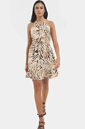 Viskoz Animal Desenli A Line Mini Elbise Rahat Yazlık Profesyonel Görünüm Seçkin Malzeme