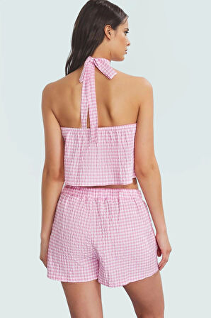 Yazlık Plaj Takımı Ekose Gofre Dokuma Bluz Şort Profesyonel Görünüm Dayanıklı Malzeme