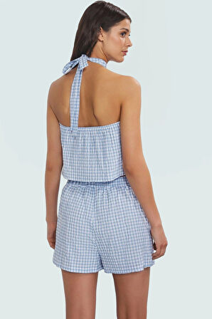 Yazlık Plaj Takımı Ekose Gofre Dokuma Bluz Şort Profesyonel Görünüm Dayanıklı Malzeme