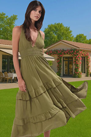 Kadın Yazlık Plaj Elbisesi Volanlı Haki Maxi Elbise Rahat Rahat Kullanım Uzun Ömürlü Modern Stil