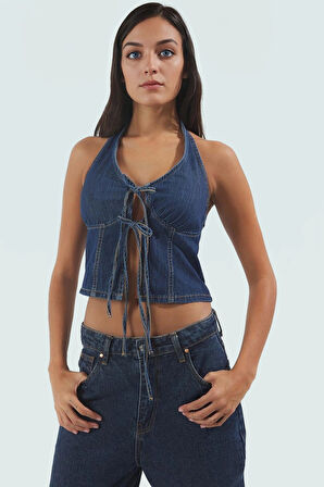Denim Crop Bluz Halter Yaka Fitted 100 Pamuk Yazlık Dayanıklı Malzeme Yüksek Kalite