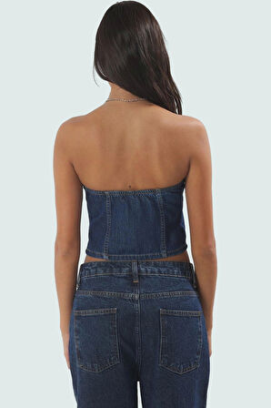 Denim Crop Bluz Halter Yaka Fitted 100 Pamuk Yazlık Dayanıklı Malzeme Yüksek Kalite