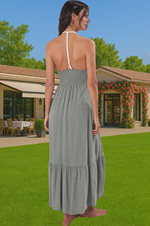 Pamuklu Elastan Maxi Elbise Etnik Desenli Yazlık Plaj Giysisi Trend Tasarım Seçkin Malzeme