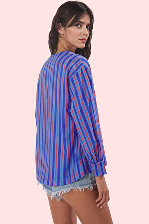 Kadın Pamuklu Uzun Kollu Dokuma Vual Plaj Gömleği V Yaka Animal Desen Yazlık Günlük Kullanım