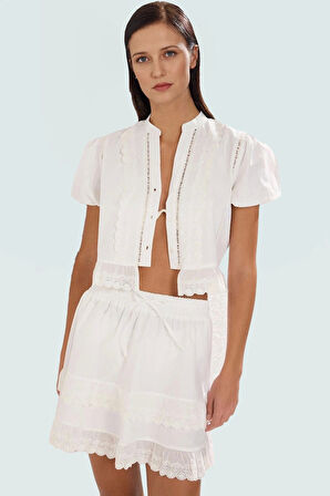 Plaj Şıklığı İçin Crop Bluz Etek Takım Dokuma Poplin Kumaş Modern Stil Dayanıklı Malzeme