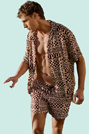 Erkek Geometrik Desenli Oversize Salaş Dokuma Gömlek Viskoz Rahat Günlük Kullanım Hafta Sonu