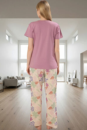 Pamuklu Çiçekli Pijama Takımı Renk Regular Kalıp Boru Paça Şık Görünüm Konforlu Kesim