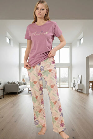 Pamuklu Çiçekli Pijama Takımı Renk Regular Kalıp Boru Paça Şık Görünüm Konforlu Kesim