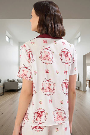 Ayıcıklı Desenli Shally Dokuma Viskoz Pijama Takımı Uzun Ömürlü Zarifane Tasarım Mükemmel Uyum