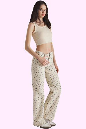 Kadın Pamuklu Çiçekli Desenli Wide Leg Jean Pantolon Günlük Kullanım Yaz Aylarının Vazgeçilmezi