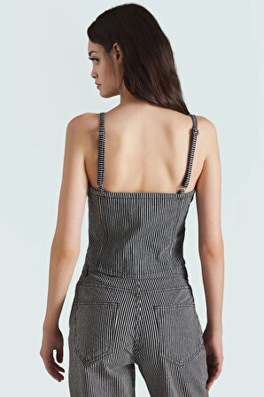 Çizgili Denim Crop Bluz Rahat Şık ve Yazlık Fitted Model Kullanım Seçkin Malzeme