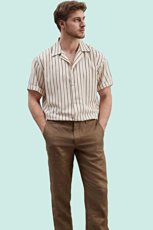 Erkek Basic Oversize Keten Karışımlı Gömlek Çizgili Apaş Yaka Rahat Günlük Kaliteli Malzeme