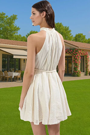 Kadın Müslin Plaj Elbisesi Volanlı Mini Halter Yaka Yazlık Günlük Kullanım İçin Seçkin Malzeme