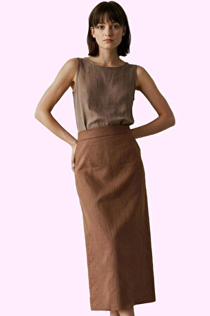 Kadın Pamuk Keten Görünümlü Midi Kalem Etek Günlük ve Ofis Şıklığı Yaz Aylarının Vazgeçilmezi