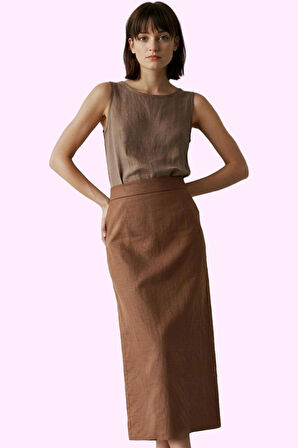 Kadın Pamuk Keten Görünümlü Midi Kalem Etek Günlük ve Ofis Şıklığı Yaz Aylarının Vazgeçilmezi