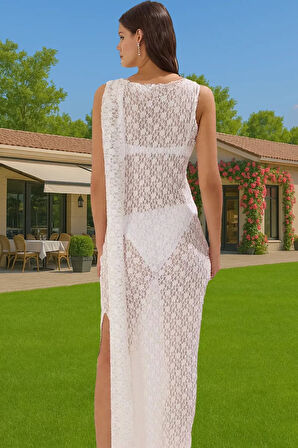 Şık Dantelli Maxi Plaj Elbisesi Örme Kumaş Rahat Yazlık Tasarım Rahat Ve Şık Özenle Seçilmiş