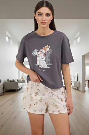 Rahat Yazlık 2'li Pijama Takımı Köpek Desenli Şortlu Pamuk Örme Şık Görünüm Modern Stil