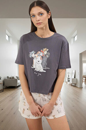Rahat Yazlık 2'li Pijama Takımı Köpek Desenli Şortlu Pamuk Örme Şık Görünüm Modern Stil
