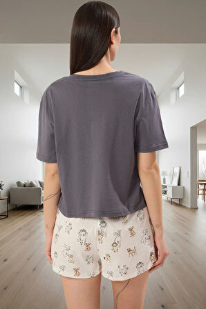 Rahat Yazlık 2'li Pijama Takımı Köpek Desenli Şortlu Pamuk Örme Şık Görünüm Modern Stil