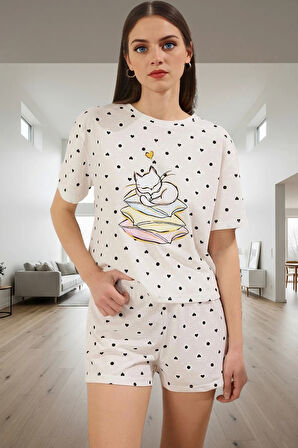 Pamuklu Kedi Desenli Rahat Pijama Takımı Yazlık Dayanıklı Malzeme Profesyonel Görünüm