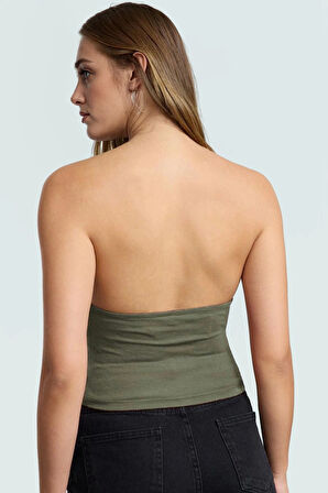 Fitted Kalıp Viskoz Ribana Crop Bluz Boyundan Bağlamalı Yaka Günlük Stil