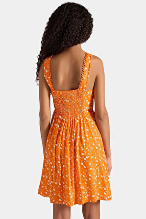 Çiçekli Agraflı Mini Elbise Viskoz Kumaş Skater Kalıp Yazlık Profesyonel Görünüm