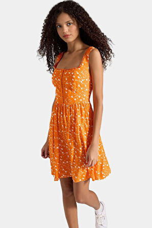 Çiçekli Agraflı Mini Elbise Viskoz Kumaş Skater Kalıp Yazlık Profesyonel Görünüm