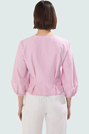 Yazlık Kısa Kol Çizgili Terrycotton Bluz V Yaka Casual Modern Stil Yüksek Kalite Uzun Ömürlü