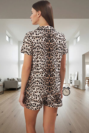 Rahat Pamuklu Pijama Takımı Leopar Desenli Kısa Kollu Şortlu Yazlık Trend Tasarım Premium Kalite