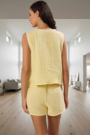 Rahat Müslin Pijama Takımı %100 Pamuk V Yaka Şortlu Özenle Seçilmiş