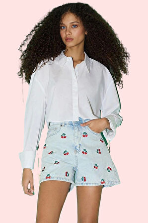 Kadın Pamuklu Baskılı Kiraz Desenli Denim City Short Şort Rahat Günlük Kullanım Hafta Sonu