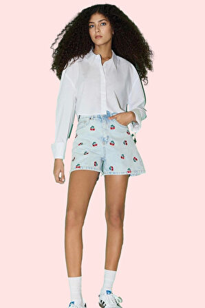 Kadın Pamuklu Baskılı Kiraz Desenli Denim City Short Şort Rahat Günlük Kullanım Hafta Sonu