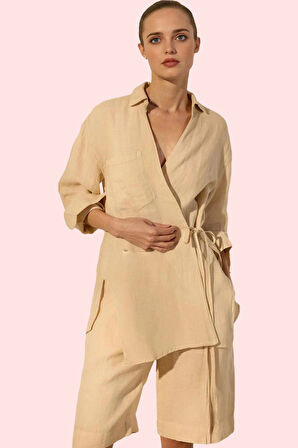 Kadın Keten Gömlek; Kruvaze Dik Yaka Regular Kalıp Günlük Kullanım İçin İdeal Modern Tasarım