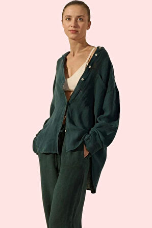 Kadın Keten Oversize Gömlek Dik Yaka Düz Desen Rahat Kalıp Günlük Stil Yaz Aylarının Vazgeçilmezi