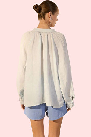 Kadın Keten Gömlek Dik Yaka Basic Kalıp Uzun Kol Günlük Hafta Sonu Yaz Aylarının Vazgeçilmezi