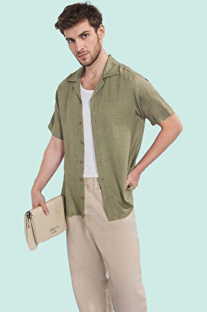 Erkek Regular Fit Polyester Gömlek; Keten Görünümlü Apaş Yaka Kısa Kol Yazlık Günlük Kullanım