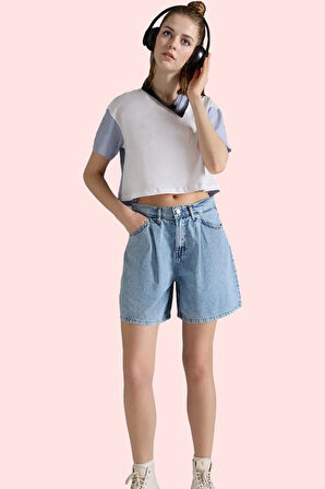 Kadın Yüksek Bel Pileli Denim Bermuda Şort Pamuk Yaz Aylarının Vazgeçilmezi Günlük Kullanım