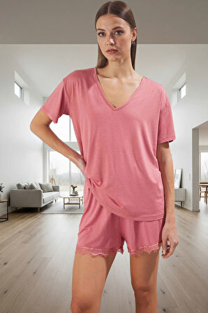 Rahat Ev Giyim 2'li Pijama Takımı Viskoz Örme V Yaka Kısa Kol Uzun Ömürlü Konforlu Kesim