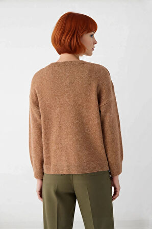 Modern Kadın Oversize V Yaka Triko Düz Düşük Kol Günlük Basic Kışlık Alpaka Karışımlı Kazak