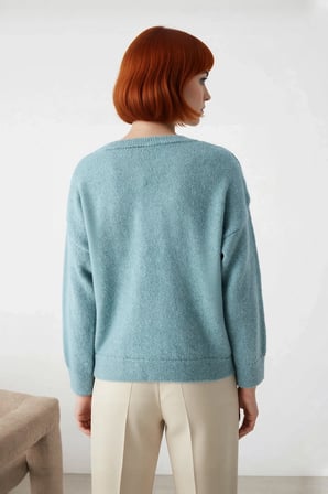 Modern Kadın Oversize V Yaka Triko Düz Düşük Kol Günlük Basic Kışlık Alpaka Karışımlı Kazak