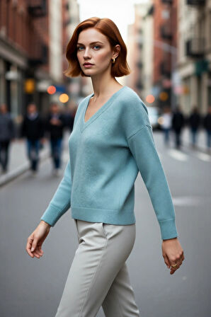 Modern Kadın Oversize V Yaka Triko Düz Düşük Kol Günlük Basic Kışlık Alpaka Karışımlı Kazak