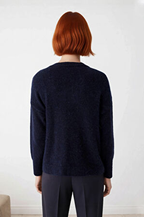 Modern Kadın Oversize V Yaka Triko Düz Düşük Kol Günlük Basic Kışlık Alpaka Karışımlı Kazak