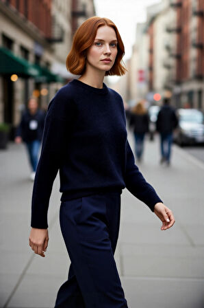 Şık Kadın Triko Kazak Regular Kalıp Düşük Kol Bisiklet Yaka Tasarım Soğuk Havalar İçin Mükemmel