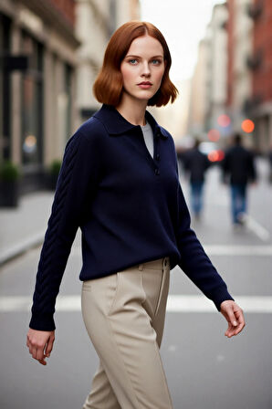 Kadın Şık ve Konforlu Günlük Regular Kalıp Polo Yaka Saç Örgü Triko Kışlık Kazak Kaliteli