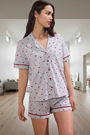 Pamuklu Pijama Takımı Kalpli Desen Kısa Kol Boru Paça Şort Rahat Ve Şık Mükemmel Uyum