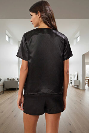 Rahat ve Şık Saten Pijama 100% Polyester V Yaka Kısa Kollu Boru Paça Şort Ev Giyim Takımı
