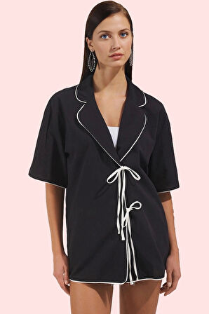 Kadın Pamuk Kısa Kollu Kruvaze Plaj Gömleği Şık ve Rahat Yazlık Kombin Yaz Aylarının Vazgeçilmezi